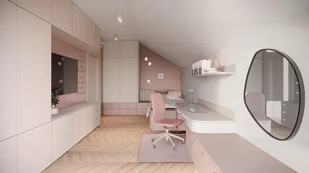Wnętrze pokoju z różowymi meblami, drewnianą podłogą i minimalistycznymi detalami w stylu japandi.