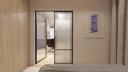 Wnętrze eklektycznego pokoju z nowoczesnymi detalami i współczesnym obrazem.