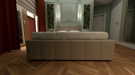 Wnętrze eklektycznego salonu z beżową sofą i zieloną dekoracją.