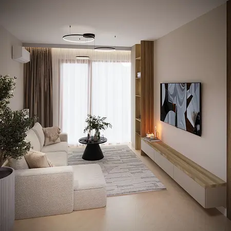 Wnętrze salonu w stylu eklektycznym i minimalistycznym z jasnymi meblami.