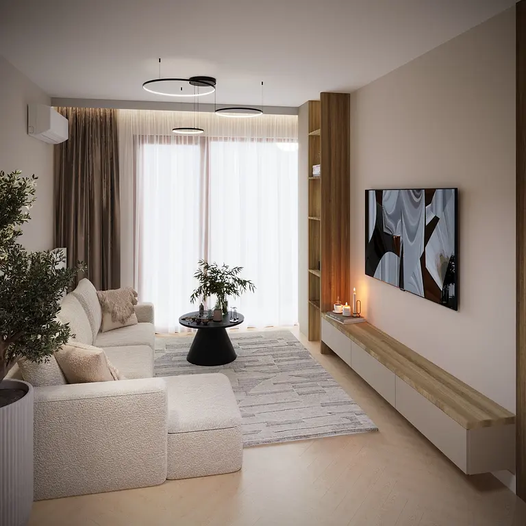 Wnętrze salonu w stylu eklektycznym i minimalistycznym z jasnymi meblami.
