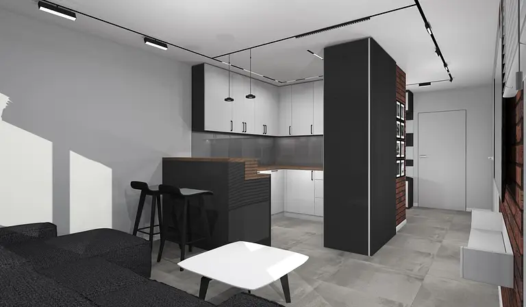 Wnętrze kuchni z białymi meblami, drewnianym blatem i industrialnymi detalami. Styl minimalistyczny.