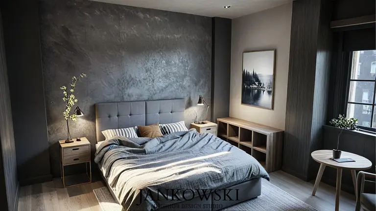 Sypialnia w stylu industrialnym i minimalistycznym z szarymi ścianami, drewnianymi meblami i lampą.