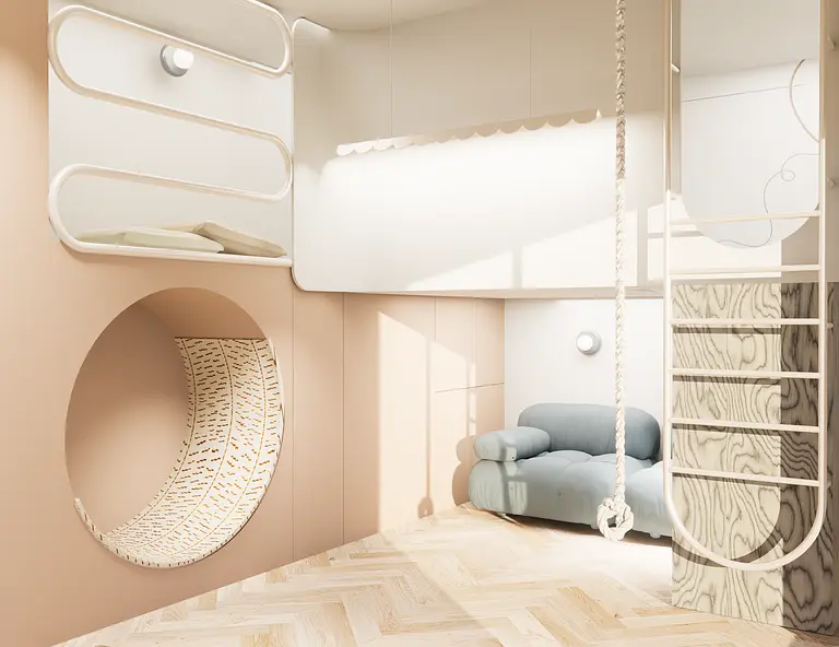 Pokój dziecięcy w stylu dopamine decor z eklektycznymi akcentami i nowoczesnymi meblami.