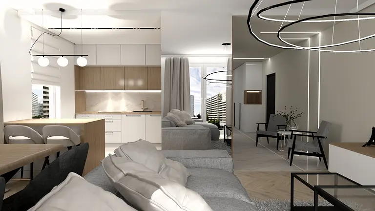 Nowoczesne wnętrze kuchni z białymi meblami i industrialnymi detalami.