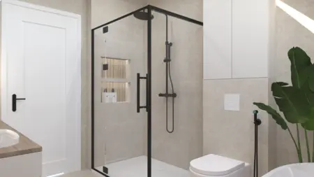 Wnętrze łazienki z prysznicem, drewnianymi detalami, boho, japandi, minimalistyczny, nowoczesny.