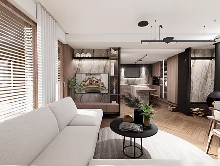 Wnętrze salonu w stylu eklektycznym z art deco, boho, glamour i skandynawskim.
