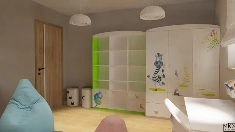 Pokój dla dzieci z kolorową szafą i zieloną półką, współczesny design.
