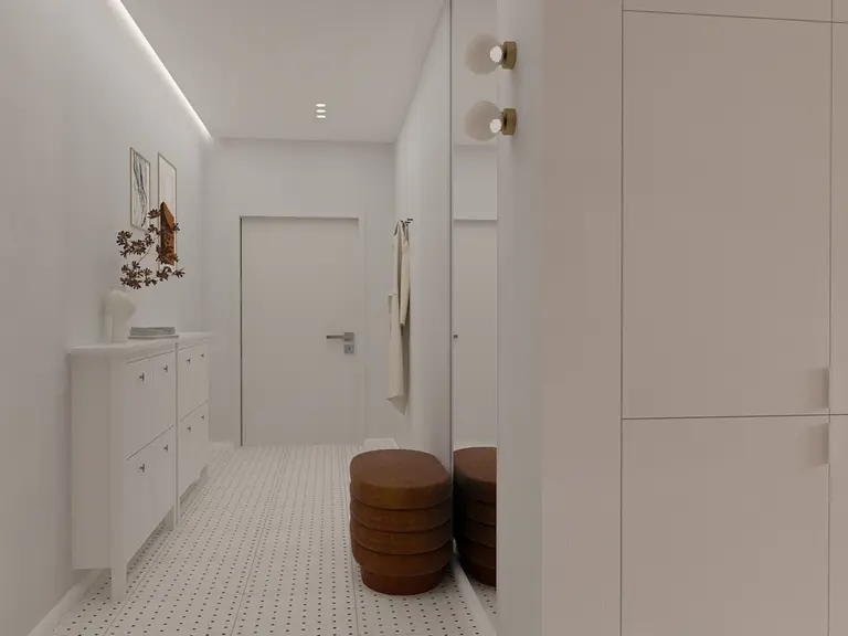 Przedpokój w stylu minimalistycznym, vintage, współczesnym z białymi meblami i brązowymi siedziskami.