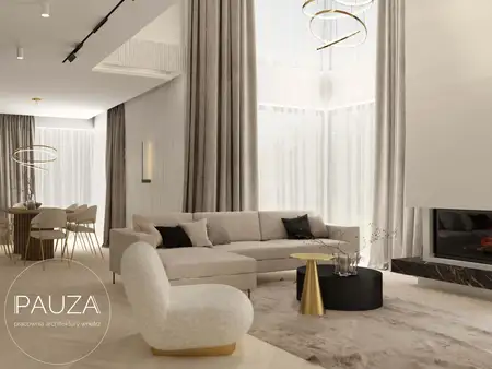 Wnętrze nowoczesnego salonu z minimalistycznym designem, jasne meble, drewniane akcenty.