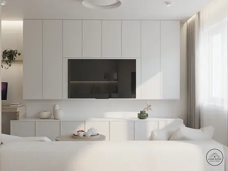 Minimalistyczny salon w stylu skandynawskim z białymi meblami i drewnianymi detalami.