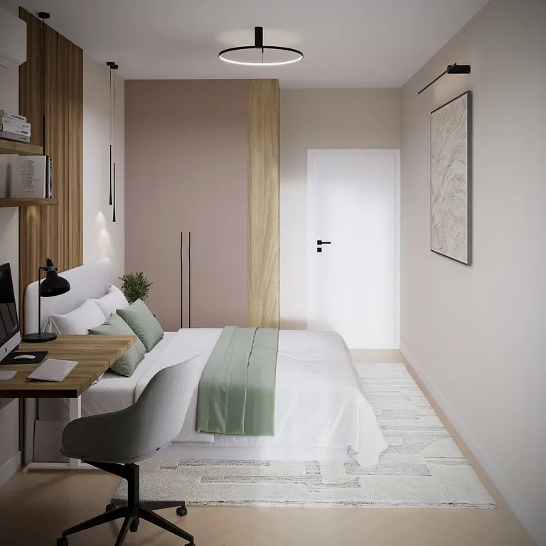 Sypialnia w stylu eklektycznym, minimalistycznym i nowoczesnym z jasnymi kolorami.