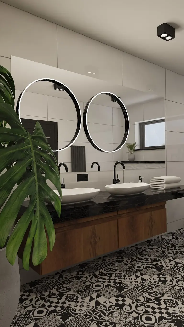 Nowoczesna łazienka z okrągłymi lustrami i rośliną, styl art deco.