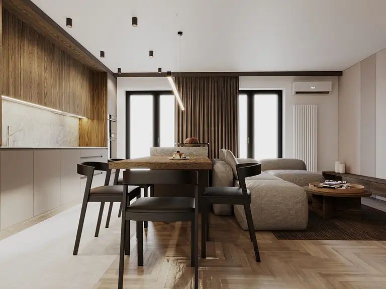 Wnętrze jadalni z minimalistycznym designem, drewniany stół, nowoczesne krzesła.