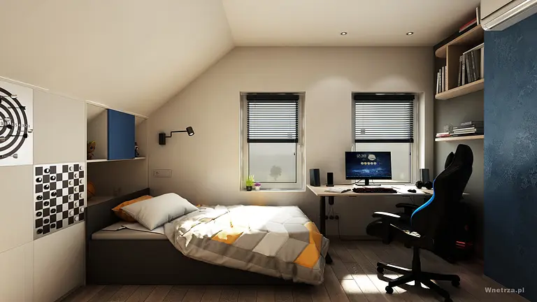 Poddasze z biurkiem, łóżkiem i elementami nowoczesnego designu.