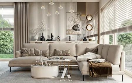 Wnętrze salonu w stylu japandi i soft minimalizm z beżową sofą i jasnymi akcentami.