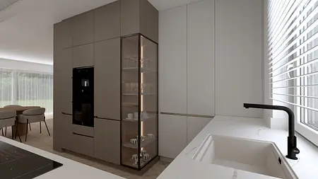 Nowoczesna kuchnia z minimalistycznym designem, glamour akcentami i białymi elementami.