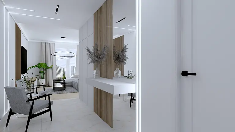 Wnętrze z białymi meblami, drewnianymi detalami i roślinami, nowoczesny, industrialny, współczesny