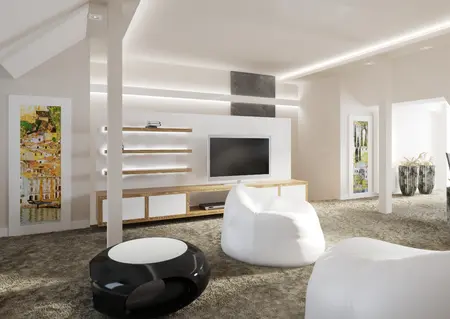 Wnętrze salonu w stylu minimalistycznym z białymi meblami i drewnianymi detalami.