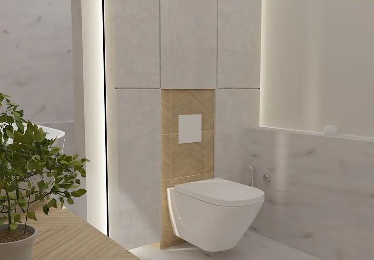 Nowoczesna łazienka w stylu boho z jasnymi płytkami, drewnianymi detalami i rośliną.