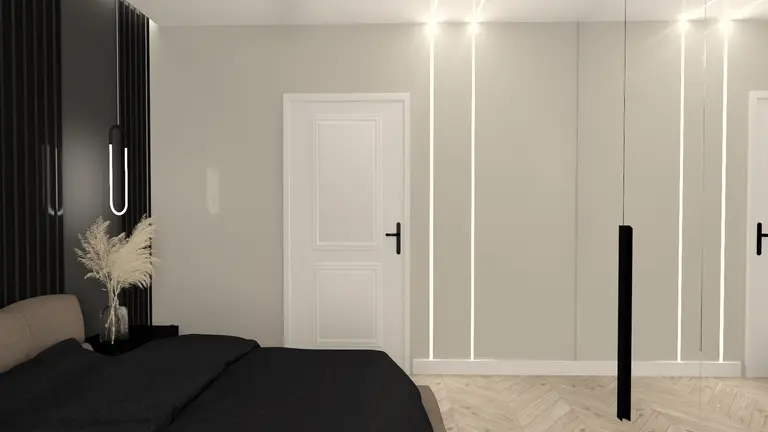 Wnętrze sypialni z minimalistycznym designem, czarne akcenty, nowoczesne oświetlenie.