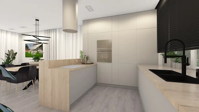 Wnętrze kuchni z drewnianymi elementami, nowoczesnymi meblami i roślinami, styl industrialny.