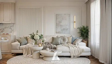 Wnętrze salonu w stylu quiet luxury i minimaluxe z beżową sofą, roślinami i dekoracjami.