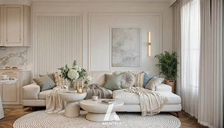 Wnętrze salonu w stylu quiet luxury i minimaluxe z beżową sofą, roślinami i dekoracjami.