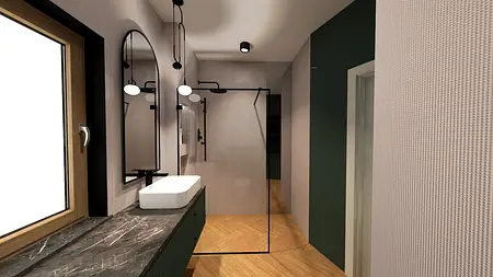 Nowoczesna łazienka z zielonymi ścianami, dużym lustrem i elegancką umywalką w stylu eklektycznym.