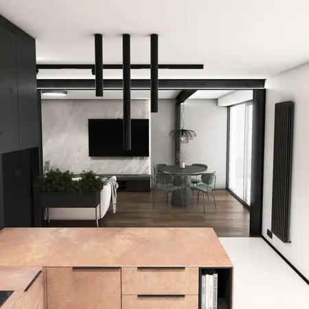 Nowoczesne wnętrze salonu z kuchnią, industrialny i minimalistyczny design.