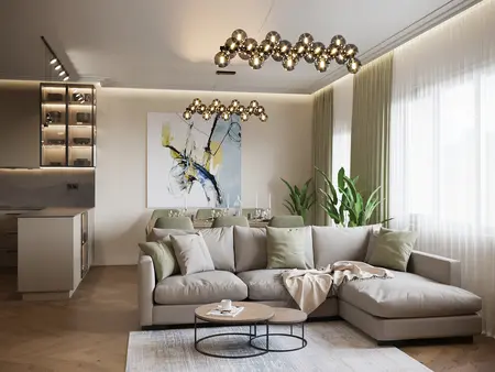 Wnętrze salonu w minimalistycznym stylu z roślinami i nowoczesnym oświetleniem.