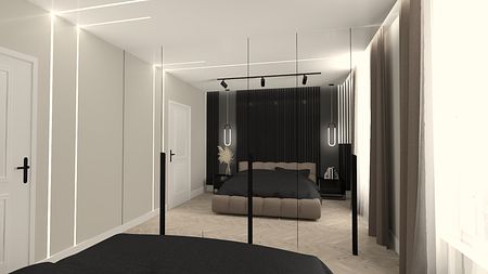 Wnętrze sypialni w stylu minimalistycznym z czarnym łóżkiem i nowoczesnym oświetleniem