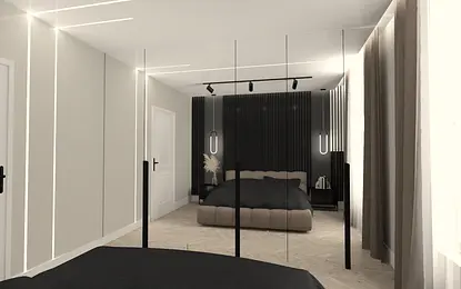 Wnętrze sypialni w stylu minimalistycznym z czarnym łóżkiem i nowoczesnym oświetleniem