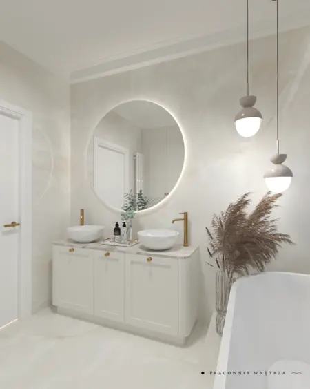 Nowoczesna łazienka w stylu japandi z minimalistycznymi meblami i boho dodatkami