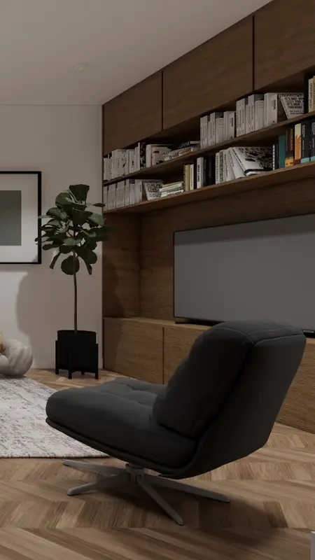 Wnętrze salonu z eklektycznym i minimalistycznym stylem, drewniane meble i rośliny.