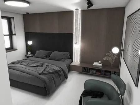 Wnętrze sypialni w stylu industrialnym, minimalistycznym i nowoczesnym z ciemnym łóżkiem.