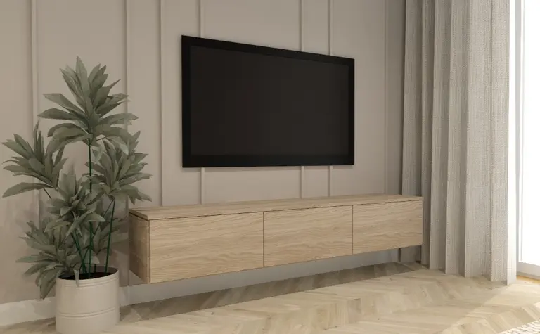 Wnętrze salonu w stylu japandi i skandynawskim z telewizorem i rośliną