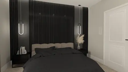 Sypialnia w stylu industrialnym i minimalistycznym z czarną ścianą i nowoczesnym oświetleniem.