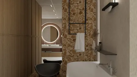 Nowoczesna łazienka boho z drewnem, minimalistyczna i japandi.