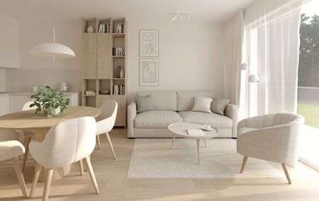Salon w stylu soft minimalizm z jasnymi meblami i drewnianymi akcentami.