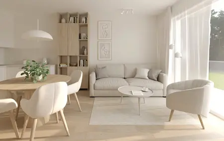 Salon w stylu soft minimalizm z jasnymi meblami i drewnianymi akcentami.