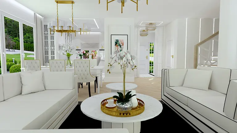 Wnętrze salonu glamour z białymi meblami, złotymi detalami i roślinnością.