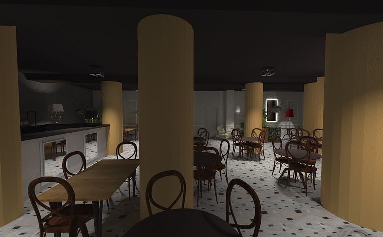 Eklektyczne wnętrze restauracji z drewnianymi stołami i żółtymi filarami.