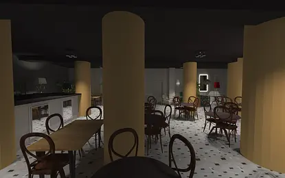 Eklektyczne wnętrze restauracji z drewnianymi stołami i żółtymi filarami.