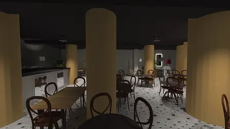 Eklektyczne wnętrze restauracji z drewnianymi stołami i żółtymi filarami.