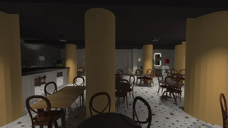 Eklektyczne wnętrze restauracji z drewnianymi stołami i żółtymi filarami.