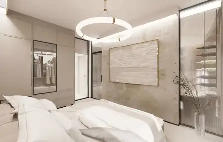 Wnętrze sypialni z minimalistycznym designem, białym łóżkiem i nowoczesnym oświetleniem.
