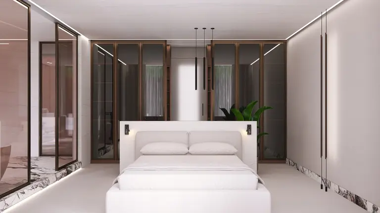 Wnętrze sypialni z białym łóżkiem i drewnianymi szafami, styl nowoczesny, quiet luxury, współczesny.