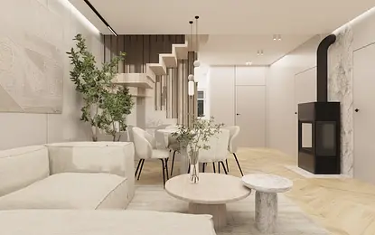 Nowoczesne wnętrze salonu z rośliną, drewnianymi meblami i kominkiem w stylu soft minimalizm.