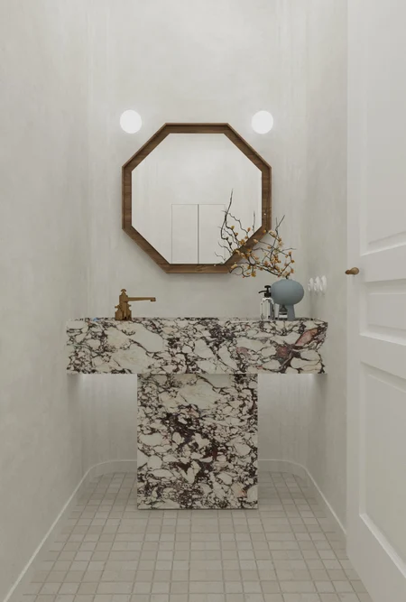 Wnętrze łazienki z marmurową umywalką, lustrem i minimalistycznymi dodatkami, art deco, minimaluxe, quiet luxury.
